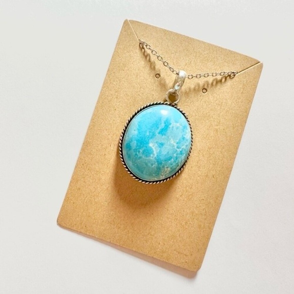 LARIMAR Synthetic Stone Silver Plated Oval Pendant Necklace